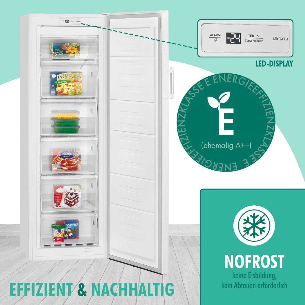 Exquisit Gefrierschrank NoFrost GS5271-NF-H-010D – 194 Liter, 5 Schubladen, Schnellgefrieren, Türalarm, Weiß, 38 DB