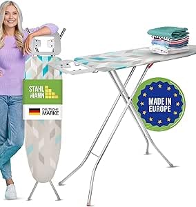 STAHLMANN ® Bügelbrett [110x30 Bügelfäche ] mit rutschfesten Füßen – robuster Bügeltisch – extra stabiles Bügelbrett [Made IN EU] – Tischbügelbrett