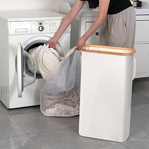 efluky Wäschekorb Schmal 63L, Schlanker Wäschekorb mit Deckel, Beige Faltbare Wäschebehälter mit Bambusgriffen und abnehmbarem Beutel für Waschküche, Schlafzimmer, Badezimmer