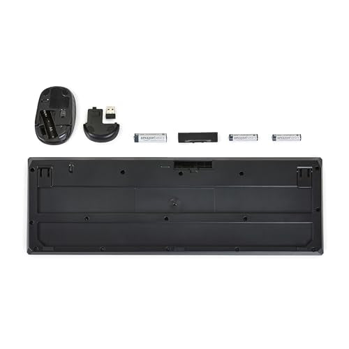 Amazon Basics – Tastatur-Maus-Set, volle Größe, kabellos, USB-Empfänger mit 2,4 GHz, DE-Layout, schwarz