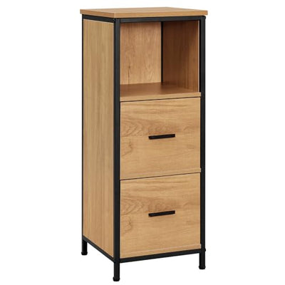 EUGAD Badezimmerschrank mit 2 abnehmbaren Schubladen, Badschrank schmal, multifunktionaler Aufbewahrungsschrank Eckschrank, Industrie Stil, mit Metallrahmen, Schwarz helle Eiche, 30x80x30 cm