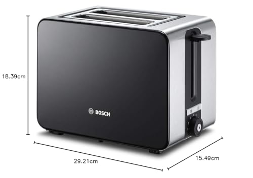 Bosch Kompakt Toaster ComfortLine TAT7203, integrierter Edelstahl-Brötchenaufsatz, mit Abschaltautomatik, mit Auftaufunktion, perfekt für 2 Scheiben Toast,1050 W, Edelstahl/schwarz