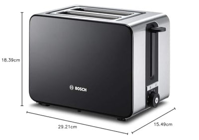 Bosch Kompakt Toaster ComfortLine TAT7203, integrierter Edelstahl-Brötchenaufsatz, mit Abschaltautomatik, mit Auftaufunktion, perfekt für 2 Scheiben Toast,1050 W, Edelstahl/schwarz