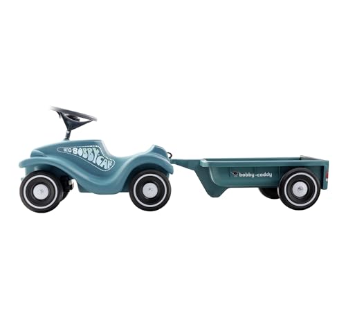 BIG Bobby Car Classic Eco 2.0 mit Anhänger - Rutschauto ab 1 Jahr aus Recycling-Material mit Caddy, Lenkrad und Hupe, für Kinder ab 1 Jahr (bis 50 kg), Türkis mit Grau