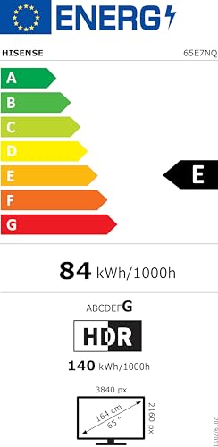Hisense 65E7NQ 164 cm (65 Zoll) Fernseher, 4K UHD, QLED, HDR10, HDR10+ decoding, HLG, Dolby Vision Atmos, 60Hz Panel, Smooth Motion, Bluetooth, Alexa Built-in, VIDAA Voice, Schwarz [2024]
