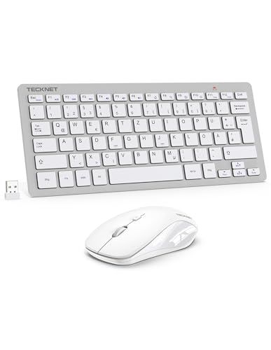TECKNET Kabelloses Tastatur Maus Set, Deutsch QWERTZ Layout, 2.4 GHz Funk Mini Tastatur Mouse, 15m Reichweite Verbindung, Wireless Leise Funktastatur mit Maus für PC, Laptop, Smart TV, Silber