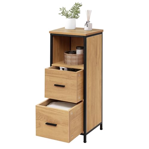 EUGAD Badezimmerschrank mit 2 abnehmbaren Schubladen, Badschrank schmal, multifunktionaler Aufbewahrungsschrank Eckschrank, Industrie Stil, mit Metallrahmen, Schwarz helle Eiche, 30x80x30 cm