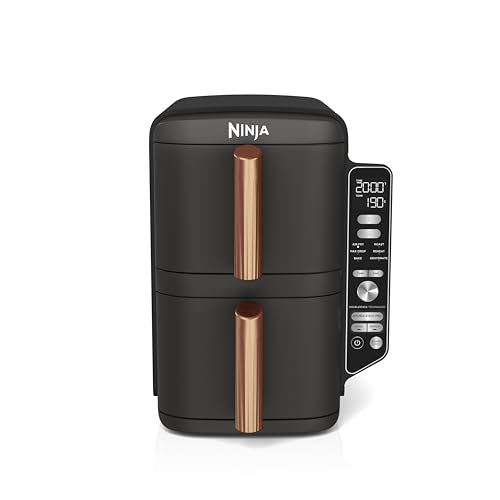Ninja Double Stack XL Heißluftfritteuse, 2 vertikale Schubladen, 4 Kochstufen, 2 Einschübe, platzsparendes Design, 9,5 L Fassungsvermögen, 6 Funktionen, 8 Portionen, Zange, Schwarz/Kupfer SL400EUCP