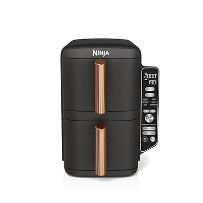 Ninja Double Stack XL Heißluftfritteuse, 2 vertikale Schubladen, 4 Kochstufen, 2 Einschübe, platzsparendes Design, 9,5 L Fassungsvermögen, 6 Funktionen, 8 Portionen, Zange, Schwarz/Kupfer SL400EUCP