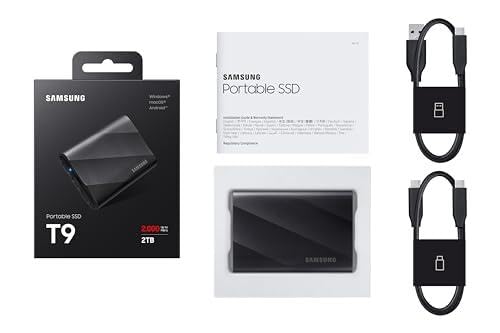 Samsung Portable SSD T9, 2 TB, 2.000 MB/s Lesen, 2.000 MB/s Schreiben, USB 3.2 Gen.2x2, Externe Festplatte für professionelle Anwender, Kompatibel mit Mac, PC, Smartphone und 12K Kameras, MU-PG2T0B/EU