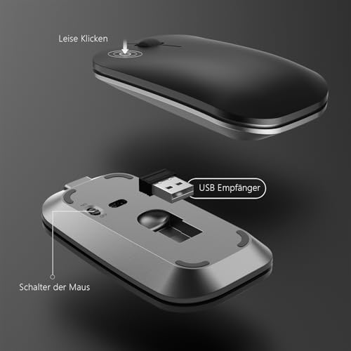 Kabelloses Tastatur Maus Set, seenda 2.4G Ultraflach Wireless Tastatur und Maus Aufladbar aus Aluminium, Deutsch QWERTZ Funktastatur Dünn für Windows/PC, Computer, Laptop, Smart-TV, Grau und Schwarz