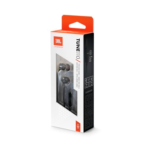 JBL Tune 110 – In-Ear Kopfhörer mit verwicklungsfreiem Flachbandkabel und Mikrofon in Schwarz – Für grenzenlosen Musikgenuss mit der Pure Bass Sound Technologie, 1er Pack