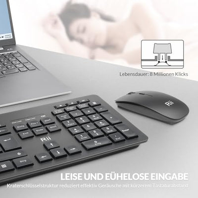Rii Leise Tastatur Maus Set kabellos, Funktastatur mit Maus, Wireless Keyboard and Mouse, Für PC/Laptop/Windows/Smart TV, Deutsches Layout - schwarz