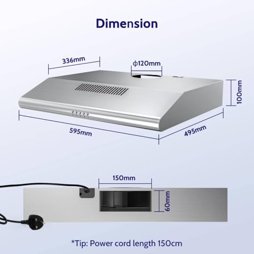 FIREGAS Dunstabzugshaube 60cm für Umluft- oder Abluftbetrieb, Dunstabzugshaube 60cm mit Bürstenloser motor & 3 Leistungsstufen, Abzugshaube Abluftleistung 250 m³/h, Edelstahl
