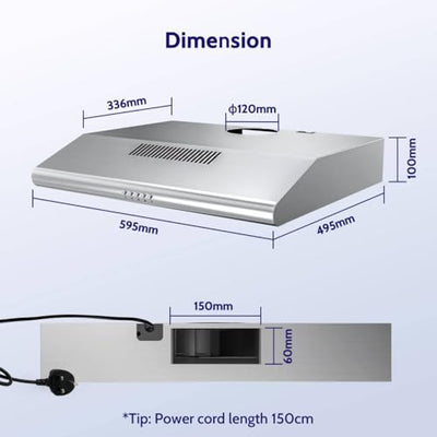 FIREGAS Dunstabzugshaube 60cm für Umluft- oder Abluftbetrieb, Dunstabzugshaube 60cm mit Bürstenloser motor & 3 Leistungsstufen, Abzugshaube Abluftleistung 250 m³/h, Edelstahl