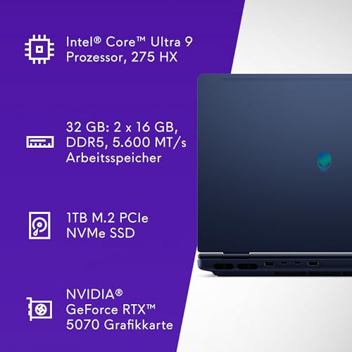 Alienware 16x Aurora Gaming Laptop AC16251 16" WQXGA 240Hz G-Sync Display, Intel Core Ultra 9 275HX Series 2, Nvidia Geforce RTX 5070, 32GB RAM, 1TB SSD, Windows 11 Home, AlienFX RGB QWERTZ Tastatur