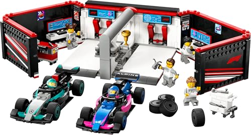 LEGO City F1 Garage mit Mercedes-AMG & Alpine Rennautos - Spielzeug Formel 1 Rennwagen mit 2 Rennfahrern & 4 Mechaniker Minifiguren - Geschenk für Jungen & Mädchen ab 7 Jahren und Fans 60444