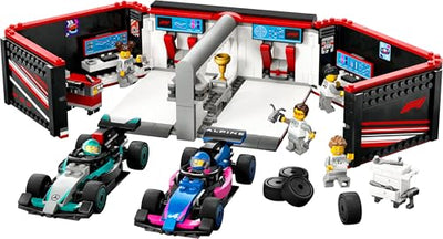 LEGO City F1 Garage mit Mercedes-AMG & Alpine Rennautos - Spielzeug Formel 1 Rennwagen mit 2 Rennfahrern & 4 Mechaniker Minifiguren - Geschenk für Jungen & Mädchen ab 7 Jahren und Fans 60444
