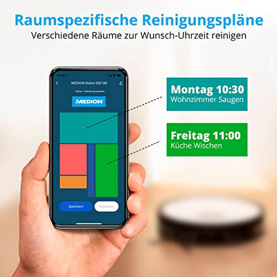 MEDION Saugroboter mit Absaugstation und Wischfunktion X50 SW (Lasernavigation, Starke 8000Pa Saugkraft, 2in1 Roboterstaubsauger, präzise Kartenerstellung, Go & No Go Bereiche, mehrere Etagen)