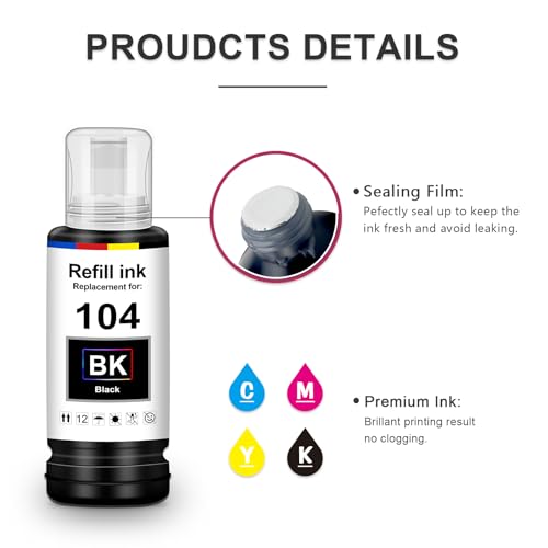 Uniplus Tinte 104 ET-2870 ET-2810 ET-2820 ET-1810 ET-2720 ET-2840 ET-2826 Druckerpatronen Kompatibel für Epson 104 Multipack Refill Kompatibel für Epson Ecotank ET-2830 ET-2821 ET-4800 ET-4700 ET-2714