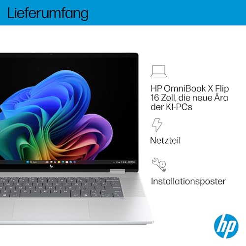 HP OmniBook X Flip 2in1 Next Gen AI Laptop | Intel Ultra 5-226V (8C) | dedizierte NPU für KI | 40 NPU Tops | Copilot+ PC | 16" WUXGA 1920x1200 Touchscreen | 16GB | 512GB SSD | Win11 | QWERTZ | Silber