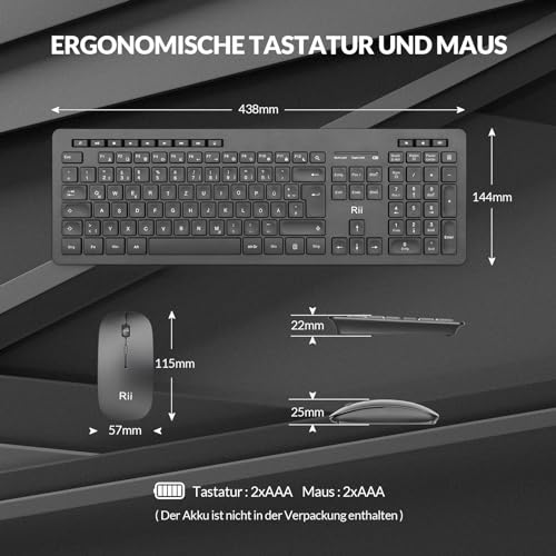 Rii Leise Tastatur Maus Set kabellos, Funktastatur mit Maus, Wireless Keyboard and Mouse, Für PC/Laptop/Windows/Smart TV, Deutsches Layout - schwarz