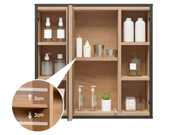 EUGAD Spiegelschrank Bad, Badezimmerschrank mit Spiegel, Schrank mit Badezimmerspiegel, Hängeschrank Badezimmer, mit verstellbaren Ablagen, aus Metall Holzwerkstoff, 60 x 58 x 16 cm