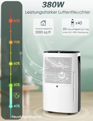 Luftentfeuchter elektrisch 20L, Dehumifer Raumentfeuchter 20L/24H aumgröße ca. 200m³ (~35 m²), Entfeuchter Digitalanzeige, Wäschetrocknung, Timer, intelligenter Feuchtigkeitsregelung, Kindersicherung
