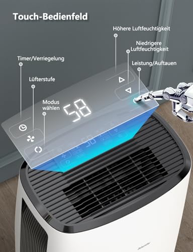 Luftentfeuchter elektrisch 20L, Dehumifer Raumentfeuchter 20L/24H aumgröße ca. 200m³ (~35 m²), Entfeuchter Digitalanzeige, Wäschetrocknung, Timer, intelligenter Feuchtigkeitsregelung, Kindersicherung