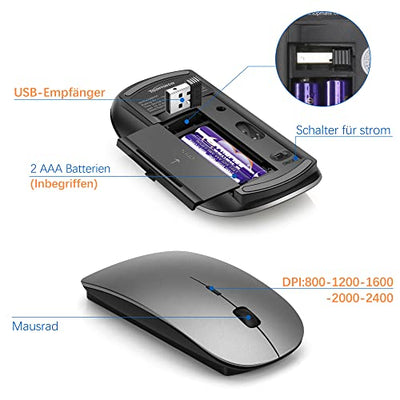 Tastatur Maus Set Ultra Slim, TopMate 2,4G Stille Compact USB 2400DPI Maus und Schissschalter Tastatur mit Abdeckung, mit 2 AA und 2 AAA Batterien für PC/Laptop/Windows/Mac - Grauschwarz