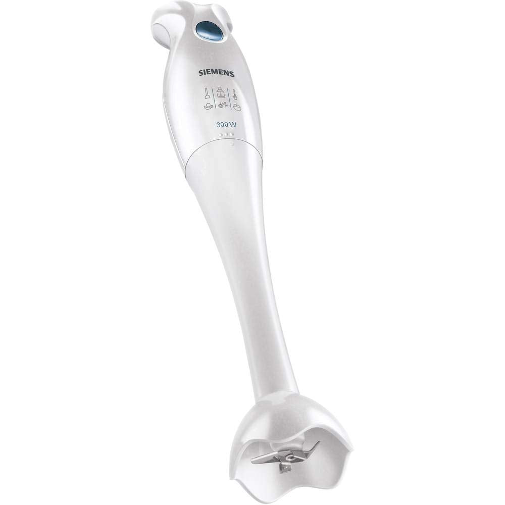 Siemens Stabmixer MQ5B150N, 4-Klingen-Messer, Mix- und Messbecher, abnehmbarer Mixfuß, ergonomischer Griff, einfache Reinigung, 300 W, weiß/blau