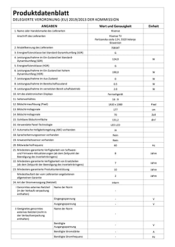 Hisense 70E6KT 177cm (70 Zoll) Fernseher, 4K UHD, HDR, Dolby Vision, Triple Tuner DVB-C/S/ S2/ T/ T2, Smart-TV, Bluetooth, WiFi, Alexa Built-In, DTS Virtual X, Hotel Mode, Schwarz [2023]