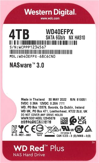 WD Red Plus interne Festplatte NAS 4 TB (3,5 Zoll, Workload-Rate 180 TB/Jahr, 5.400 U/min, 256 MB Cache, 180 MB/s Übertragungsrate, NASware-Firmware für Kompatibilität, 8 Bays) Rot