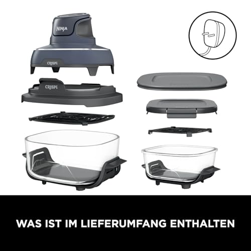 Ninja CRISPi tragbare Airfryer Heißluftfritteuse, 3,8 l, 4-in-1: Heißluftfrittieren, Braten, Warmhalten, Recrisp, kompakt, 6 Portionen, 2x herausnehmbare Glasbehälter & Deckel, 1.700 W, Grau FN101EUGY