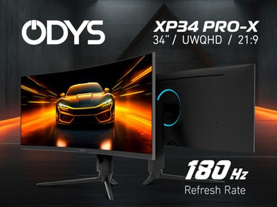 ODYS Gaming Monitor XP34 PRO-X - 34 Zoll (86 cm), Curved (1500R), 180 Hz, UWQHD (3.440x1.440 px), 1ms Reaktionszeit, HDR, FreeSync/G-Sync komp., Eye Care, HDMI, DP, 3,5mm Audio
