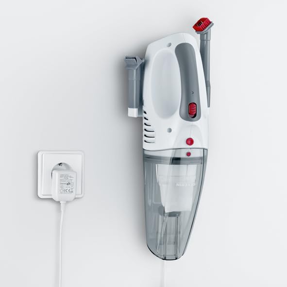 SEVERIN 3-in-1 Akku Handstaubsauger S'POWER home & car, kabelloser Nass- & Trockensauger mit 7,4V Li-Ionen Akku, Autostaubsauger inkl. 12V-Ladekabel, weiß/rot, HV 7144