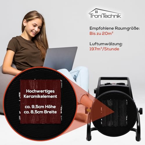 Tronitechnik® 2000 Watt Elektroheizer Heizlüfter Bauheizer Keramik Heizstrahler elektrisch Heizgerät mit Thermostat Elektroheizer mit 3 Heizstufen, Heizgebläse für Innen- und Außeneinsatz