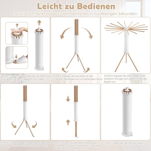 UISEBRT Wäscheständer Tragbar Trockengestell Faltbar Octopus Wäscheständer mit Holzstange Platzsparend Trockenständer für Drinnen Bodenwäscheständer Turmwäscheständer für Balkon Schlafzimmer