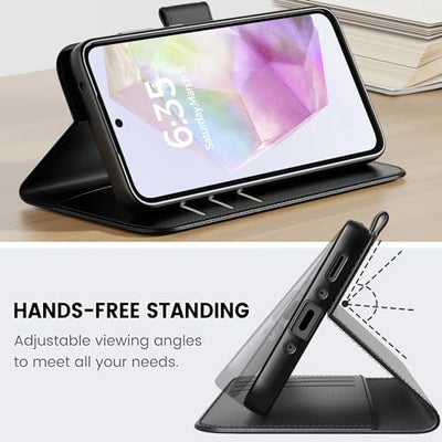 Peakally Handyhülle für Samsung Galaxy A35 5G Hülle [mit Panzer Schutz Glas], [RFID-Blockierung] Premium PU Leder Schutzhülle, Multifunktional Klapphülle kompatibel mit Galaxy A35 - Schwarz