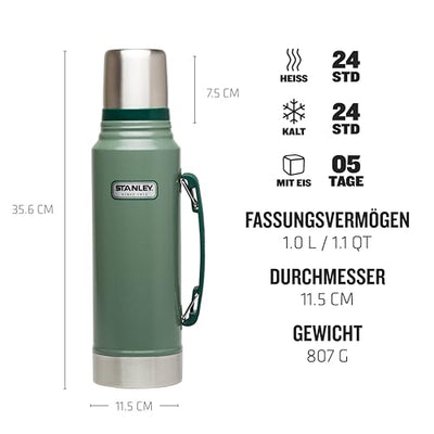 Stanley Classic Legendary Thermoskanne 1L - Hält 24 Stunden Heiß oder Kalt - Spülmaschinenfest - Auslaufsicherer Deckel dient als Becher - Isolierflasche BPA Frei - Edelstahl Thermosflasche