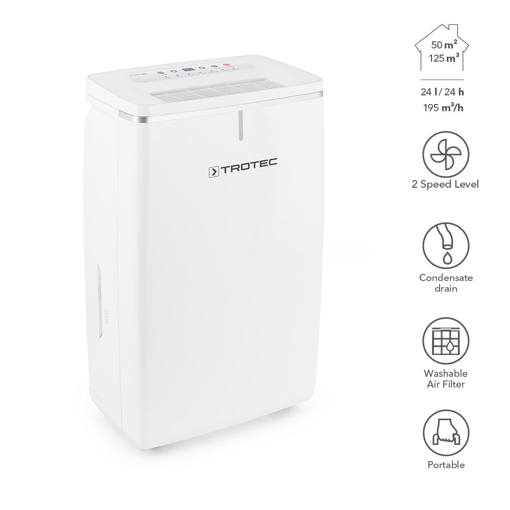 TROTEC Luftentfeuchter elektrisch TTK 72 E – Leistung 24 L/Tag – Fläche 50 m² / 125 m³ – mit Autoabschaltung – für Wohnung und Schlafzimmer