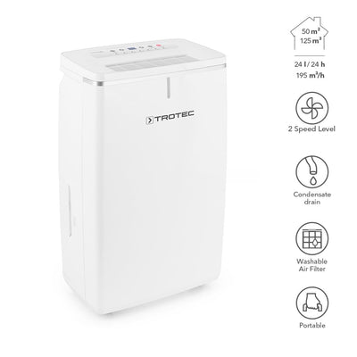 TROTEC Luftentfeuchter elektrisch TTK 72 E – Leistung 24 L/Tag – Fläche 50 m² / 125 m³ – mit Autoabschaltung – für Wohnung und Schlafzimmer