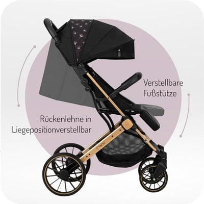 MoMi ESTELLE PLUS LIGHT Kinderwagen ab 6. Monat (bis 22 kg), klappbarer Buggy mit 5-Punkt-Sicherheitsgurt, Einkaufskorb und Liegefunktion, Teleskop-Stange zum Ziehen, steht nach dem Zusammenklappen