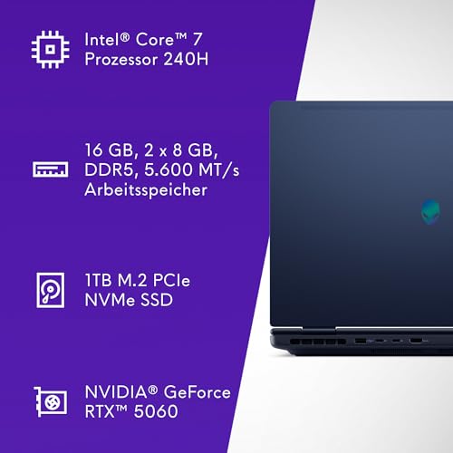 Alienware 16 Aurora Gaming Laptop AC16250 16" WQXGA 120Hz 100% sRGB Display, Intel Core 7 240H Series 2, NVIDIA GeForce RTX 5060, 16GB RAM, 1TB SSD, Windows 11 Home, Weiß beleuchtete QWERTZ-Tastatur