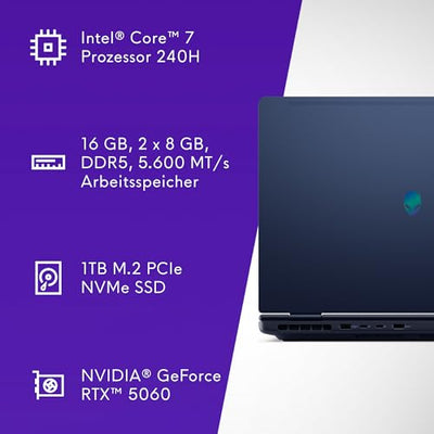 Alienware 16 Aurora Gaming Laptop AC16250 16" WQXGA 120Hz 100% sRGB Display, Intel Core 7 240H Series 2, NVIDIA GeForce RTX 5060, 16GB RAM, 1TB SSD, Windows 11 Home, Weiß beleuchtete QWERTZ-Tastatur