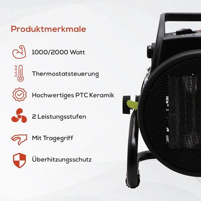 Tronitechnik® 2000 Watt Elektroheizer Heizlüfter Bauheizer Keramik Heizstrahler elektrisch Heizgerät mit Thermostat Elektroheizer mit 3 Heizstufen, Heizgebläse für Innen- und Außeneinsatz