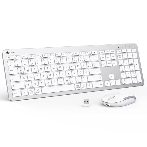 Tastatur Maus Set Kabellos, iClever Wiederaufladbare Funktastatur, Deutsch QWERTZ Layout, 2.4 GHz Funk Tastatur Mouse für PC/Laptop/Smart TV, Weiß und Silber