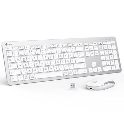 Tastatur Maus Set Kabellos, iClever Wiederaufladbare Funktastatur, Deutsch QWERTZ Layout, 2.4 GHz Funk Tastatur Mouse für PC/Laptop/Smart TV, Weiß und Silber
