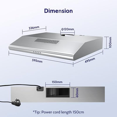 FIREGAS Dunstabzugshaube 60cm für Umluft- oder Abluftbetrieb, Dunstabzugshaube 60cm mit Bürstenloser motor & 3 Leistungsstufen, Abzugshaube Abluftleistung 250 m³/h, Edelstahl