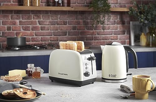 Russell Hobbs Toaster [für 2 Scheiben] Colours Plus Edelstahl Creme (extra breite Toastschlitze, inkl. Brötchenaufsatz, 6 Bräunungsstufen + Auftaufunktion, Lift & Look-Funktion, 1600W) 26551-56